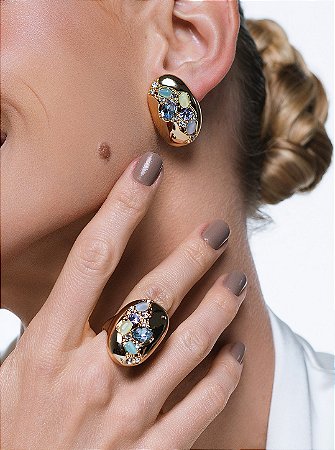Conjunto de brinco e anel com zircônia colorida e pedra natural banho em ouro 18k