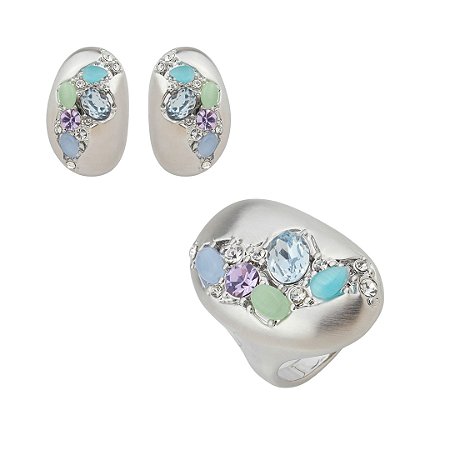 Conjunto de brinco e anel com zircônia colorida e pedra natural banho em ródio branco