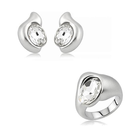 Conjunto de brinco e anel com zircônia cristal banho em ródio branco