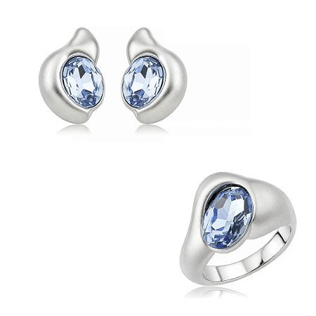 Conjunto de brinco e anel acetinado com zircônia topázio banho em ródio branco