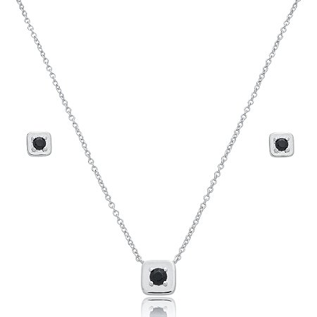 Conjunto de brinco e colar com zircônia ônix banho em ródio branco