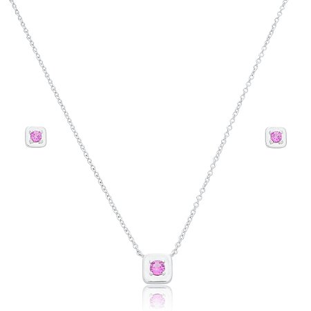 Conjunto de brinco e colar com zircônia pink banho em ródio branco