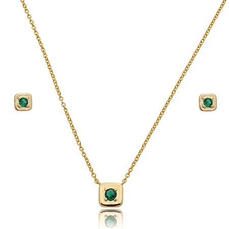 Conjunto de brinco e colar com zircônia esmeralda banho em ouro 18k