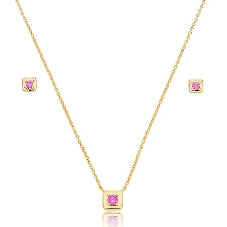 Conjunto de brinco e colar com zircônia pink banho em ouro 18k