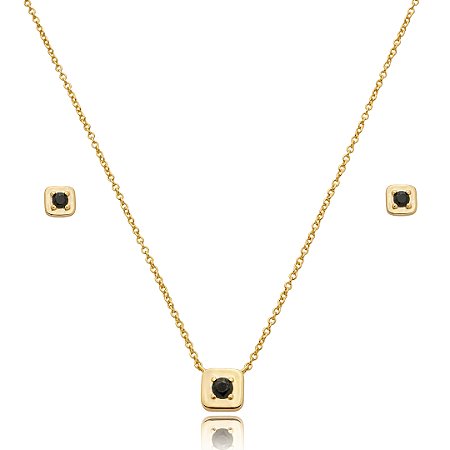 Conjunto de brinco e colar com zircônia ônix banho em ouro 18k
