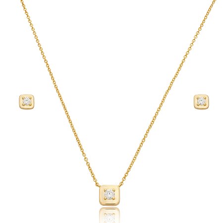 Conjunto de brinco e colar com zircônia cristal banho em ouro 18k