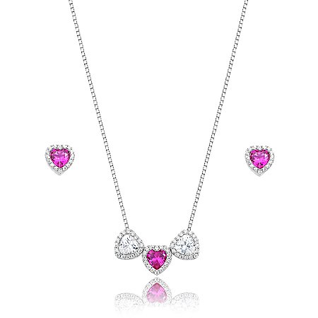 Conjunto de brinco e colar de coração com zircônia pink banho em ródio branco