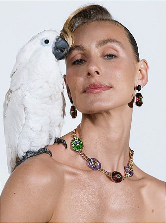 Conjunto luxo de brinco, pulseira e colar cravejado de zircônia colorida banho em ródio branco