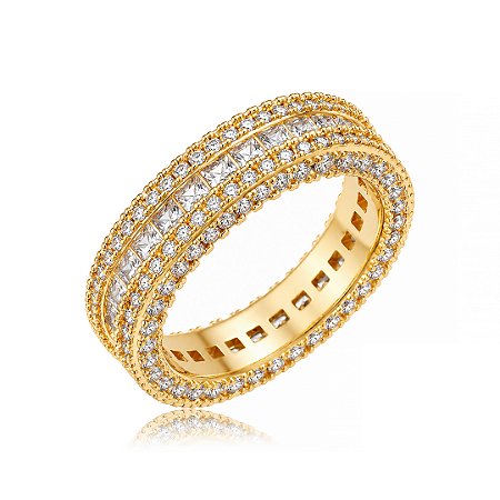 Anel dourado cravejado de zircônia cristal banho em ouro 18k