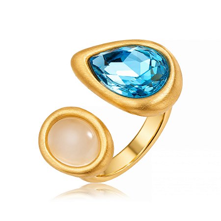 Anel acetinado com zircônia acqua e pedra natural banho em ouro 18k