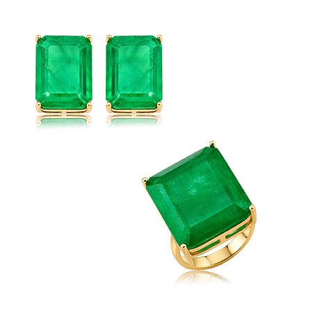 Conjunto de brinco e anel com pedra fusion esmeralda banho em ouro 18k