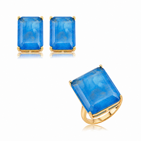 Conjunto de brinco e anel com pedra fusion topázio banho em ouro 18k