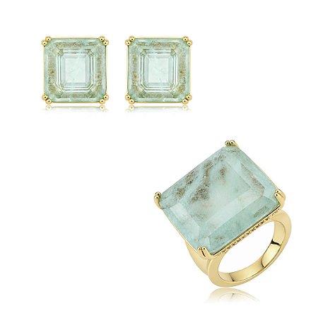 Conjunto de brinco e anel quadrado cravejado de zircônia cristal e pedra fusion turmalina banho em ouro 18k