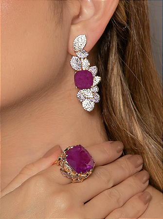 Conjunto de brinco e anel luxo cravejado de zircônia cristal e pedra fusion ametista banho em ouro 18k