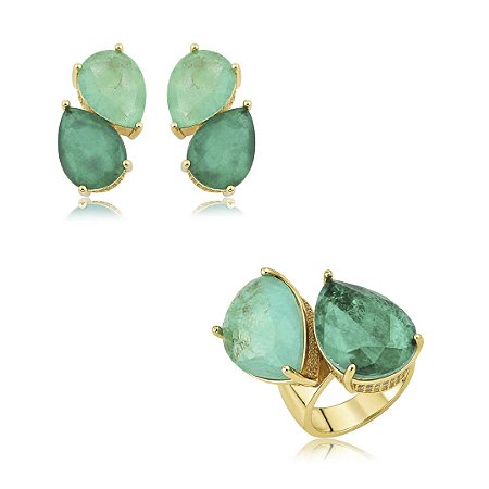 Conjunto de brinco e anel cravejado com zircônia e pedra fusion turmalina banho em ouro 18k