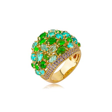 Anel de luxo cravejado de zircônia ametista e esmeralda banho em ouro 18k