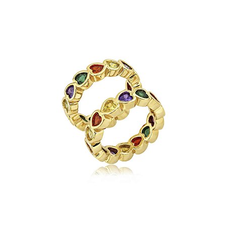 Anel de coração cravejado de zircônia colorida banho em ouro 18k