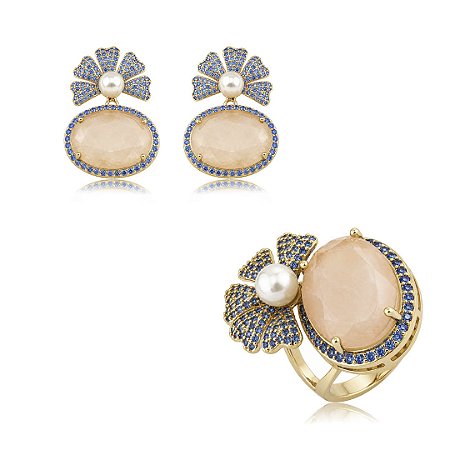 Conjunto de brinco e anel cravejado com pérola e pedra fusion banho em ouro 18k