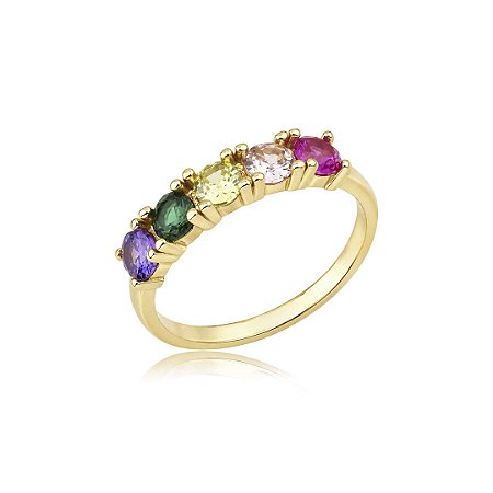 Anel cravejado de zircônia colorida banho em ouro 18k