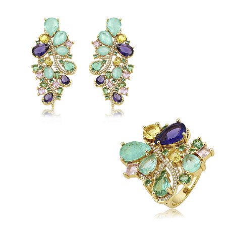 Conjunto de brinco e anel anel luxo com zircônia e pedra fusion banho em ouro 18k