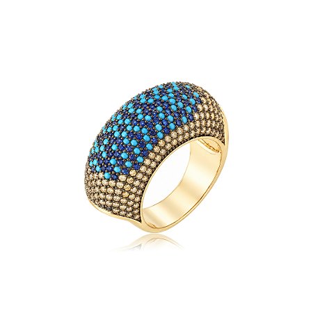Anel de luxo cravejado de zircônia safira banho em ouro 18k