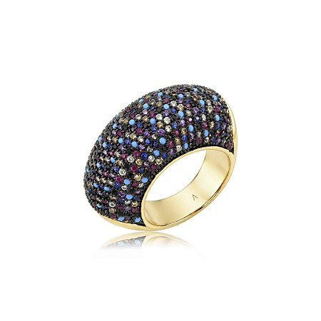 Anel de luxo cravejado de zircônia colorida banho em ouro 18k
