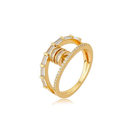 Anel dourado cravejado de zircônia cristal banho em ouro 18k