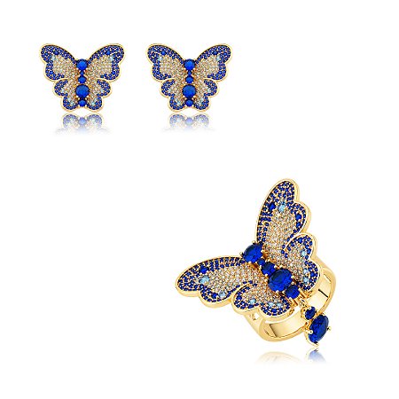 Conjunto de brinco e anel borboleta cravejado de zircônia safira banho em ouro 18k