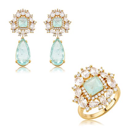 Conjunto de brinco e anel de luxo cravejado de zircônia cristal e pedra fusion acqua banho em ouro 18k