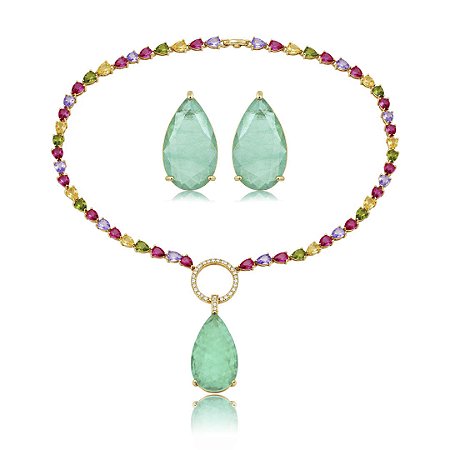 Conjunto de brinco e colar luxo cravejado de zircônia colorida e pedra fusion turmalina banho em ouro 18k