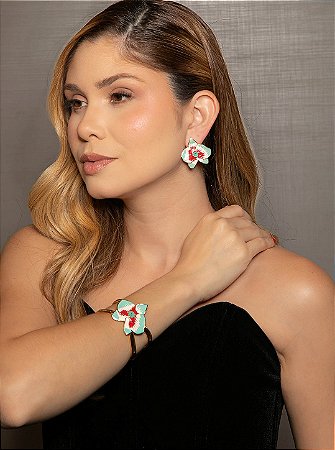 Conjunto de brinco e bracelete esmaltado com pedra fusion turmalina banho em ouro 18k