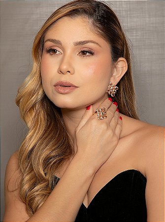 Conjunto de brinco e anel cravejado zircônia cristal e morganita banho em ouro 18k
