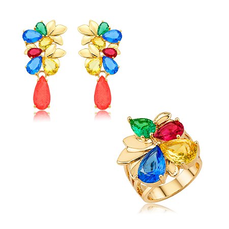 Conjunto de brinco e anel cravejado de zircônia colorida com pedra fusion coral banho em ouro 18k
