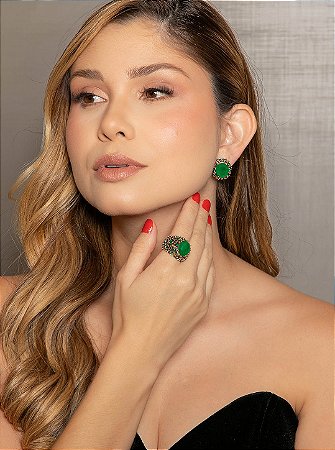 Conjunto de brinco e anel luxo cravejado de zircônia e pedra fusion esmeralda banho em ouro 18k