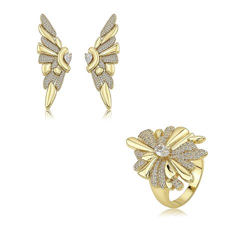 Conjunto de brinco e anel cravejado de zircônia cristal banho em ouro 18k
