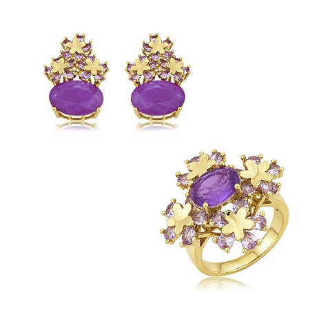 Conjunto de brinco e anel flor cravejado de zircônia lavanda e pedra fusion ametista banho em ouro 18k