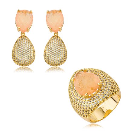 Conjunto de brinco e anel cravejado de zircônia cristal e pedra fusion morganita banho em ouro 18k