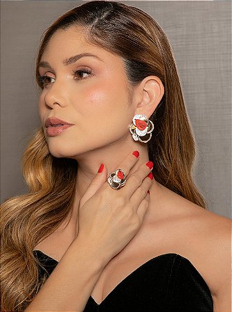 Conjunto de brinco e anel luxo cravejado de zircônia cristal e pedra fusion coral banho em ouro 18k