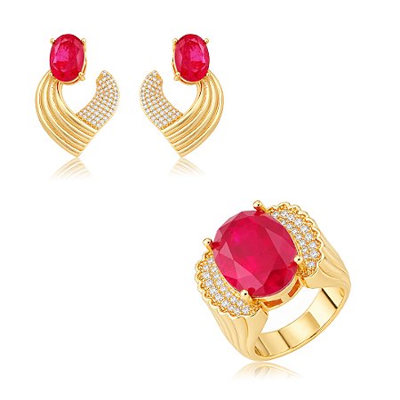 Conjunto de brinco e anel cravejado de zircônia cristal e pedra fusion rubelita banho em ouro 18k