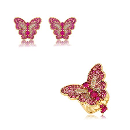 Conjunto de brinco e anel borboleta cravejado de zircônia pink banho em ouro 18k
