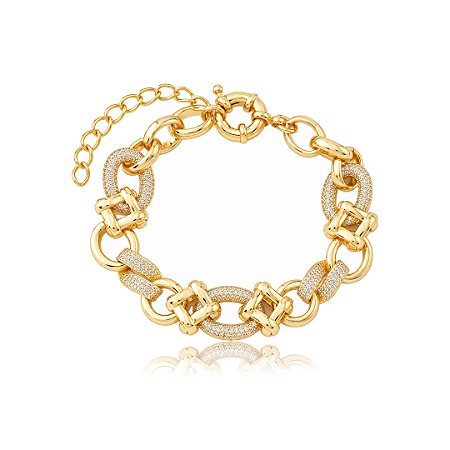 Pulseira de corrente cravejada de zircônia cristal banho em ouro 18k