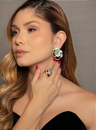 Conjunto de brinco e anel luxo cravejado de zircônia cristal com pedra fusion turmalina banho em ouro 18k