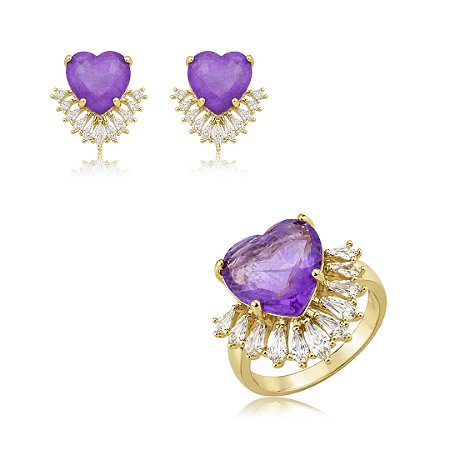 Conjunto de brinco e anel coração cravejado de zircônia cristal com pedra fusion ametista banho em ouro 18k