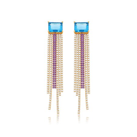 Brinco de luxo cravejado de zircônia cristal com pedra fusion topázio banho em ouro 18k