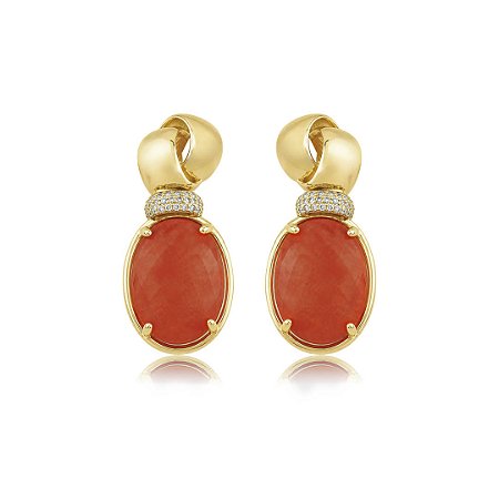 Brinco de luxo cravejado de zircônia cristal com pedra fusion coral banho em ouro 18k