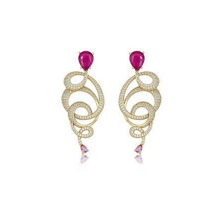 Brinco de luxo cravejado de zircônia cristal com pedra fusion rubelita banho em ouro 18k