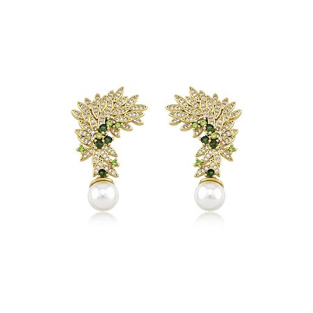 Brinco cravejado de zircônia esmeralda com pérola shell banho em ouro 18k