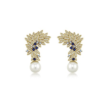 Brinco cravejado de zircônia safira com pérola shell banho em ouro 18k
