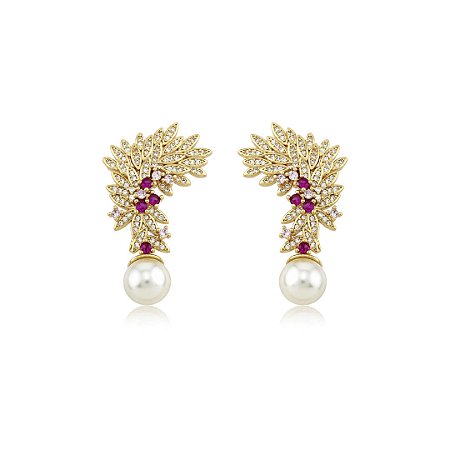 Brinco cravejado de zircônia pink com pérola shell banho em ouro 18k