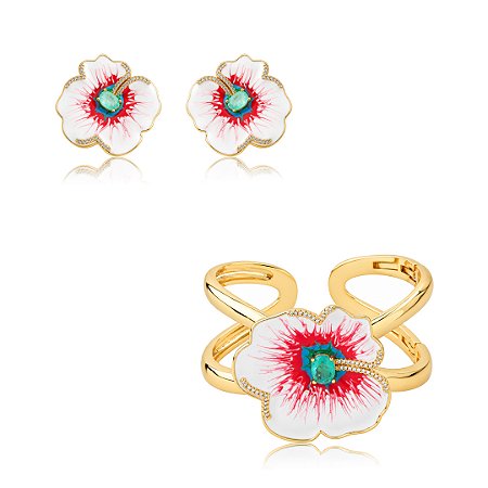 Conjunto de brinco e bracelete esmaltado de flor com pedra fusion turmalina banho em ouro 18k